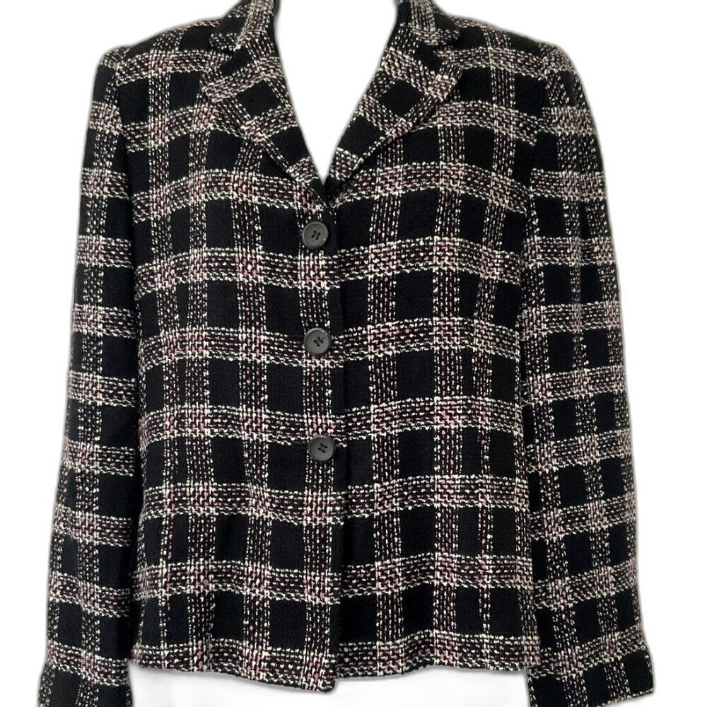 Vintage 90s Y2K Black Pink Plaid Tweed Blazer Jacket Shoulder Pads 8